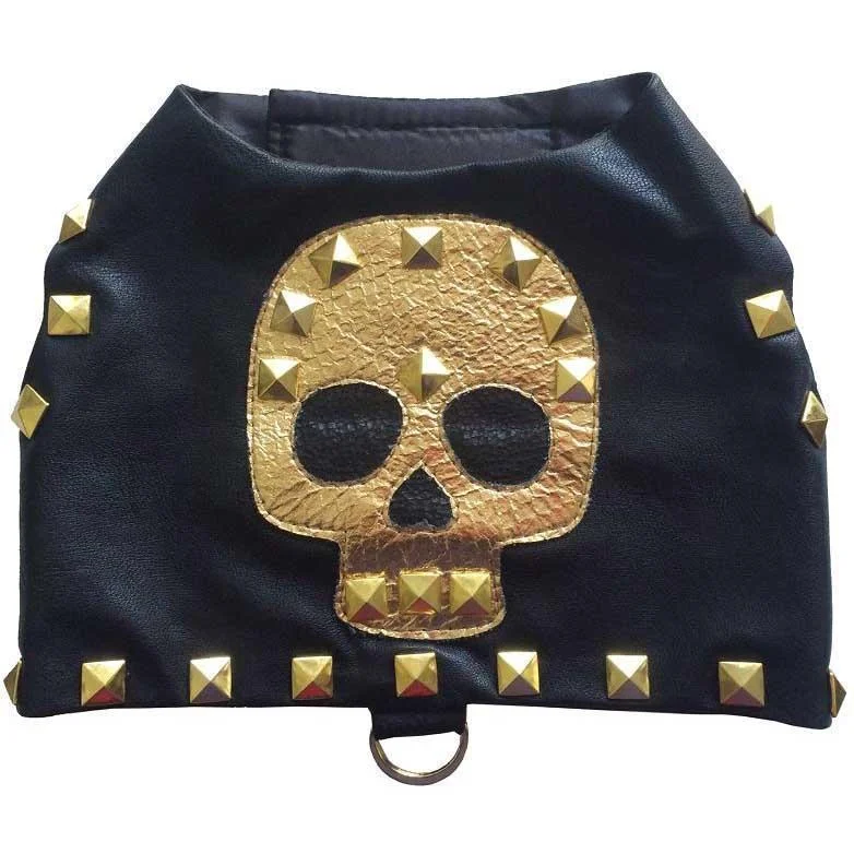 ---Gold Skull Studded Leather Dog Harness Vest