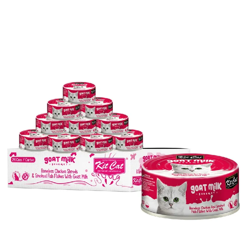    - Cat food for multi-cat households  [CTN OF 24] Kit Cat Goat Milk Gourmet Canned Cat Food - Chicken & Smoked Fish (70g)