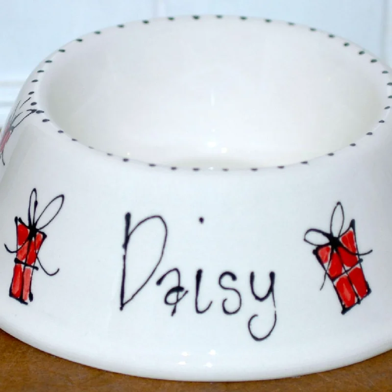 ---Personalised Ceramic Slanted Christmas Presents Dog Bowls