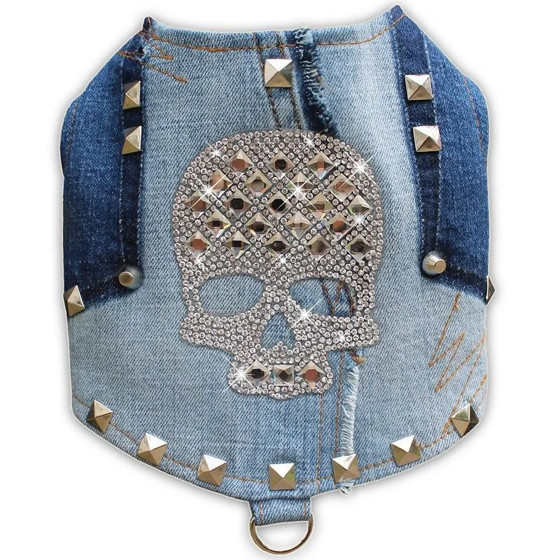 - ​​Christmas pet Christmas clothingStudded Denim Rhinestone Skull Dog Harness Vest