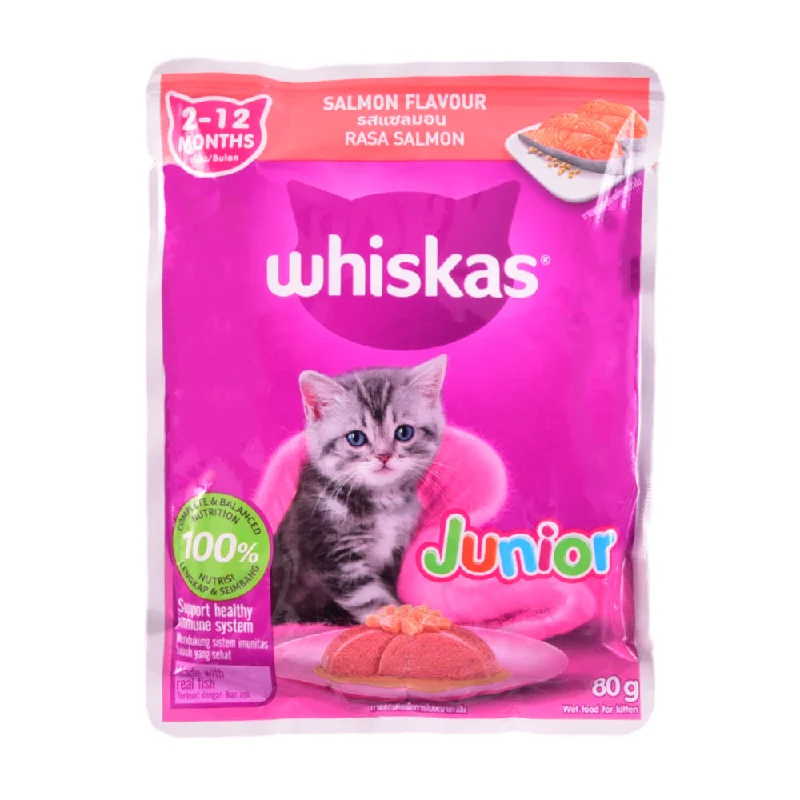 - Foldable and portable cat bagWHISKAS CAT FOOD JUNIOR SALMON FLAVOUR 2-12 MONTH 80G