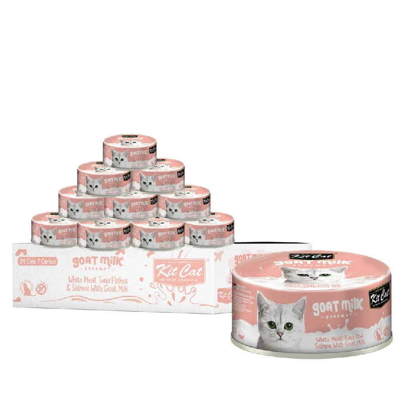  . **Health and Nutrition**  [CTN OF 24] Kit Cat Goat Milk Gourmet Canned Cat Food - Whitemeat Tuna Flakes & Salmon (70g)