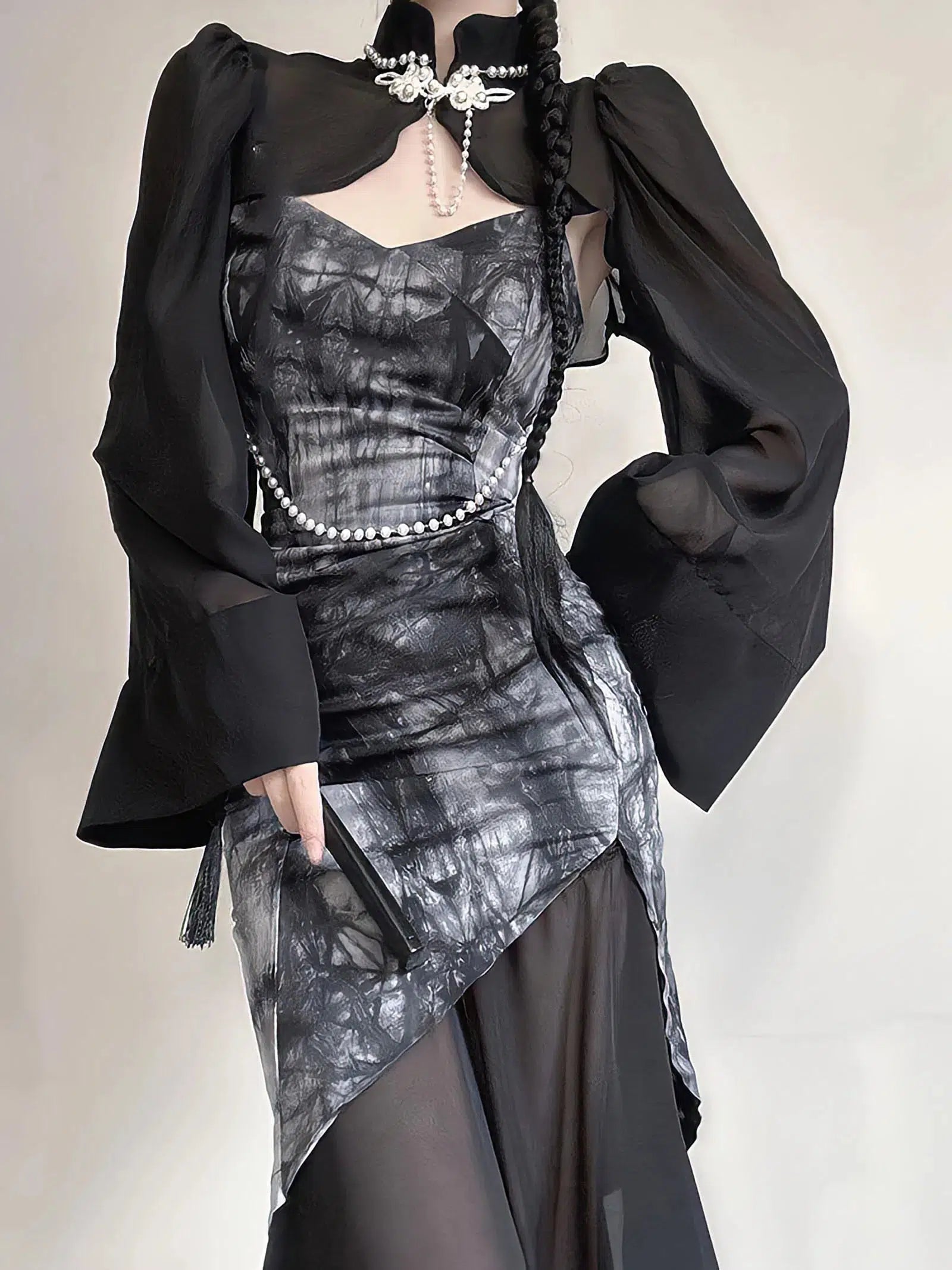 - Foldable and portable cat bagGoth Wide Sleeve Qipao Midi Dress