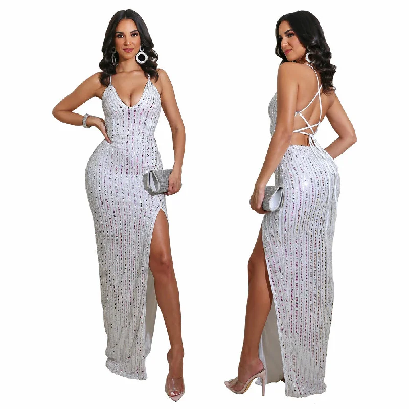 2023 summer women deep V neck back tie high split sequin elegant evening dress women maxi prom dresses