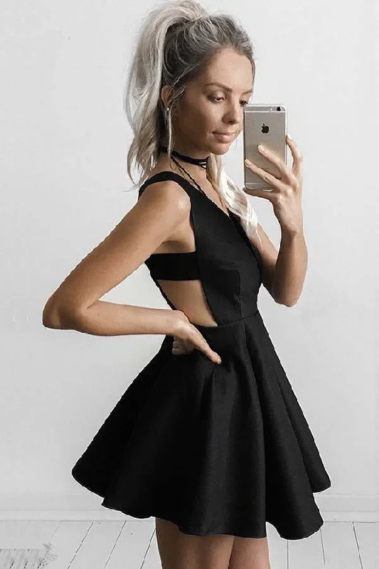 A-Line Deep V-Neck Short Cut Out Black Satin Homecoming Dress PD149