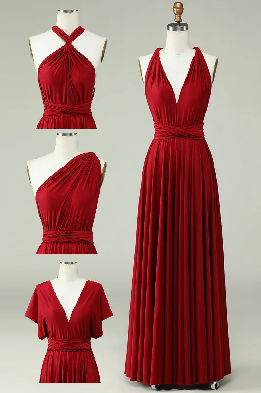 A-Line Halter Burgundy Long Bridesmaid Dress