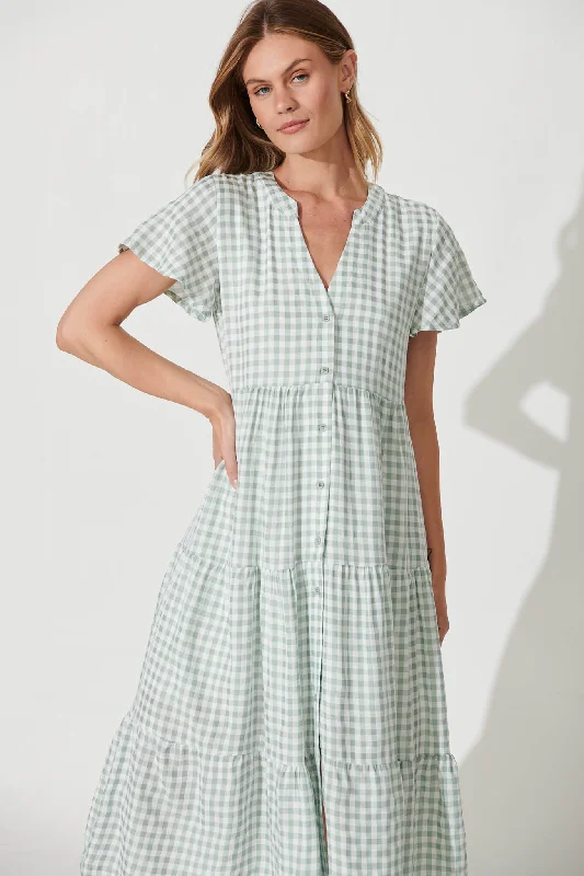 Bently Midi Dress In Green Gingham Check Cotton Blend