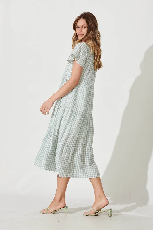 Bently Midi Dress In Green Gingham Check Cotton Blend