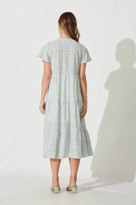 Bently Midi Dress In Green Gingham Check Cotton Blend