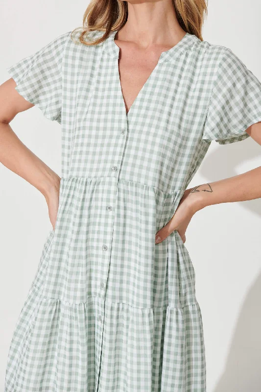 Bently Midi Dress In Green Gingham Check Cotton Blend