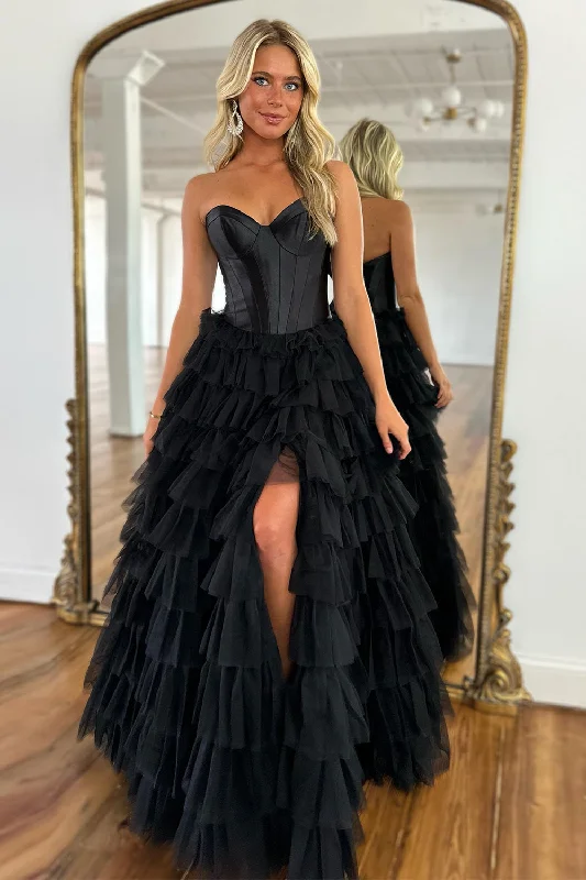 Black Corset Sweetheart A-Line Tiered Long Tulle Prom Dress with Slit