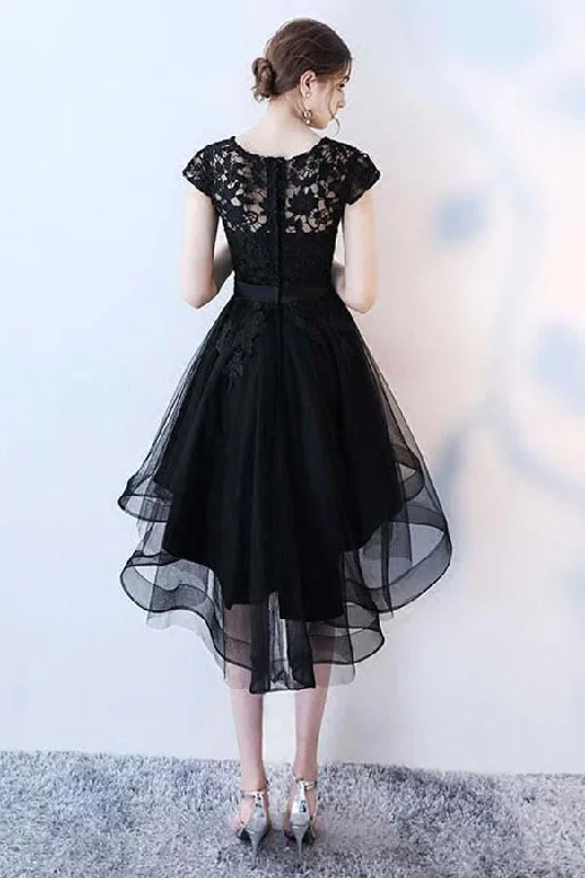 Black Lace Short Prom Dress Hight Low Evening Dress Homecoming Dresses PD152