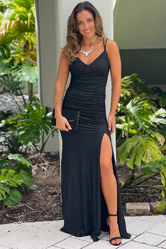 Black Ruched Maxi Dress With Slit