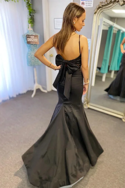 Black Surplice Pleated Straps Long Prom Dress Evening Dress with Bow  PSK437