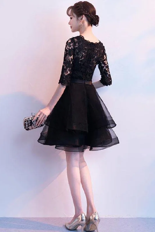 Black V Neck Lace Tulle Short Prom Dress Black Homecoming Dress PD150