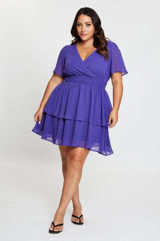 Blue Skater Dress V-neck Short Sleeve Tie