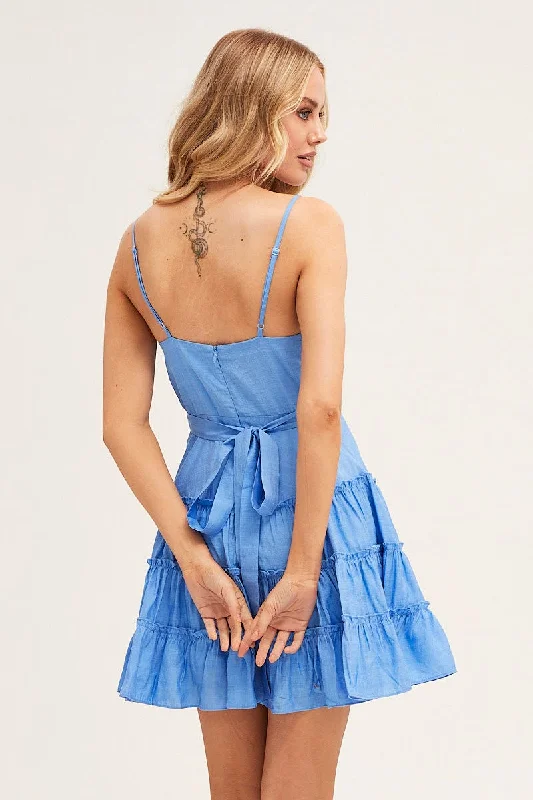 Blue V Neck Frill Skater Dress