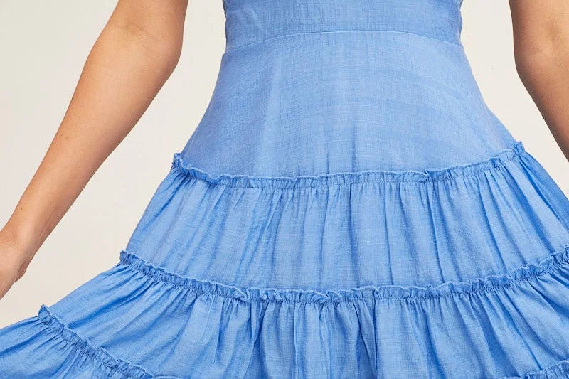 Blue V Neck Frill Skater Dress