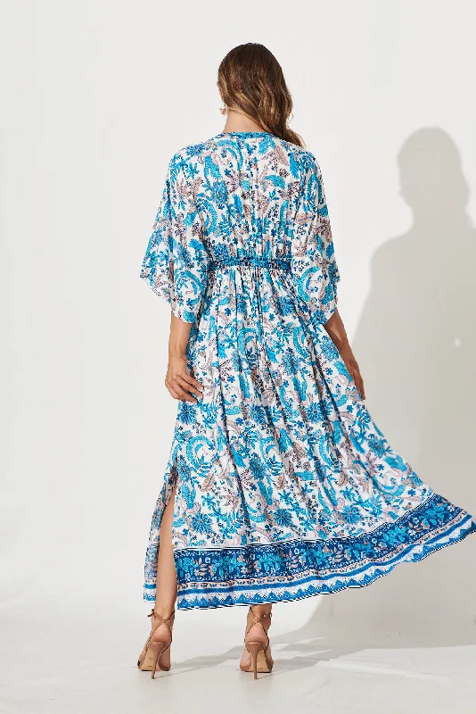 Break Free Maxi Dress In White With Aqua Multi Border Print