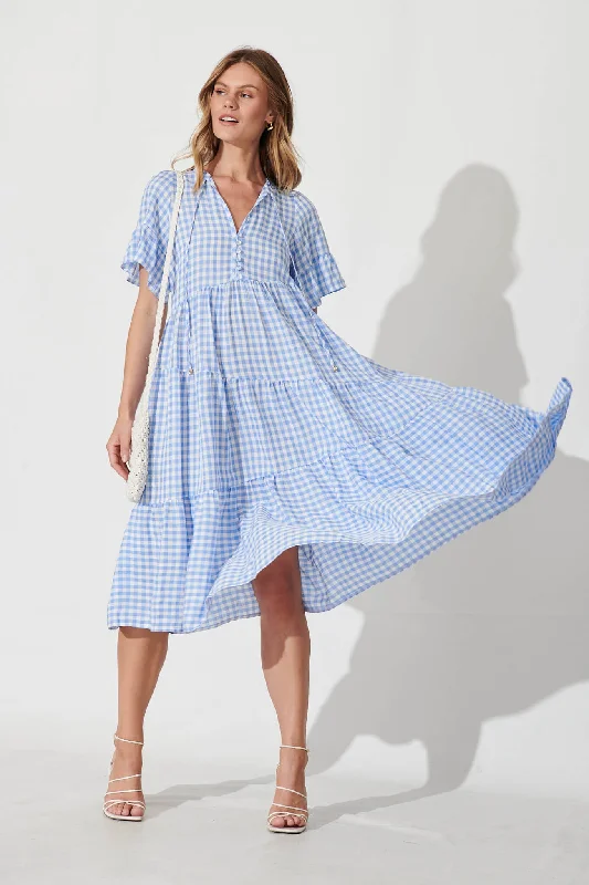 Charliese Midi Dress In Blue And White Gingham Cotton Blend