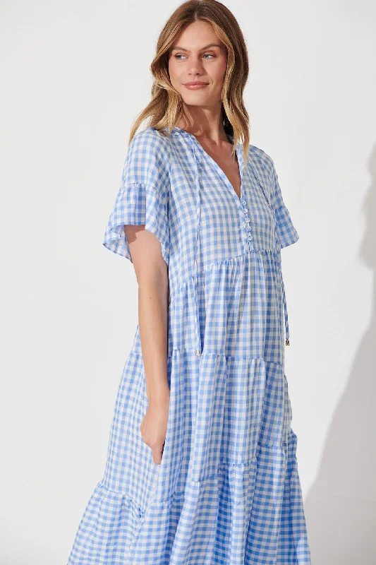 Charliese Midi Dress In Blue And White Gingham Cotton Blend