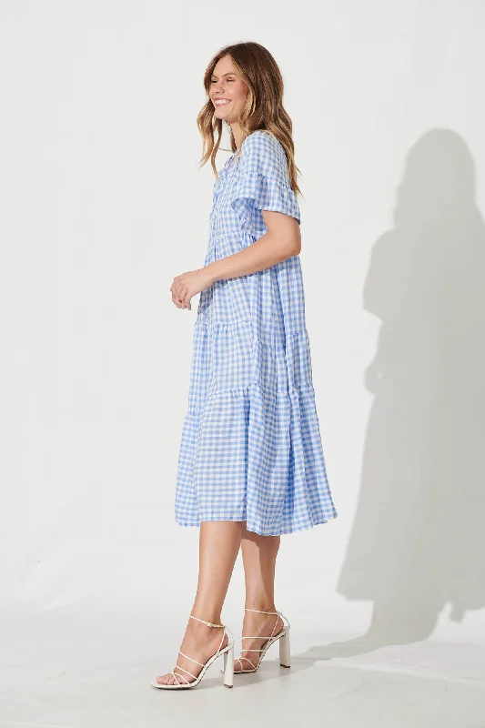 Charliese Midi Dress In Blue And White Gingham Cotton Blend