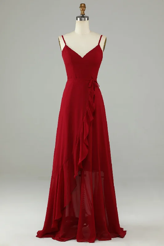 Chiffon Burgundy Spaghetti Straps Long Bridesmaid Dress with Ruffles