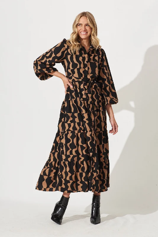 Colmar Maxi Shirt Dress In Black With Brown Print