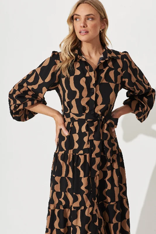 Colmar Maxi Shirt Dress In Black With Brown Print