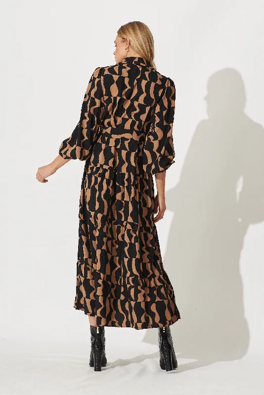 Colmar Maxi Shirt Dress In Black With Brown Print