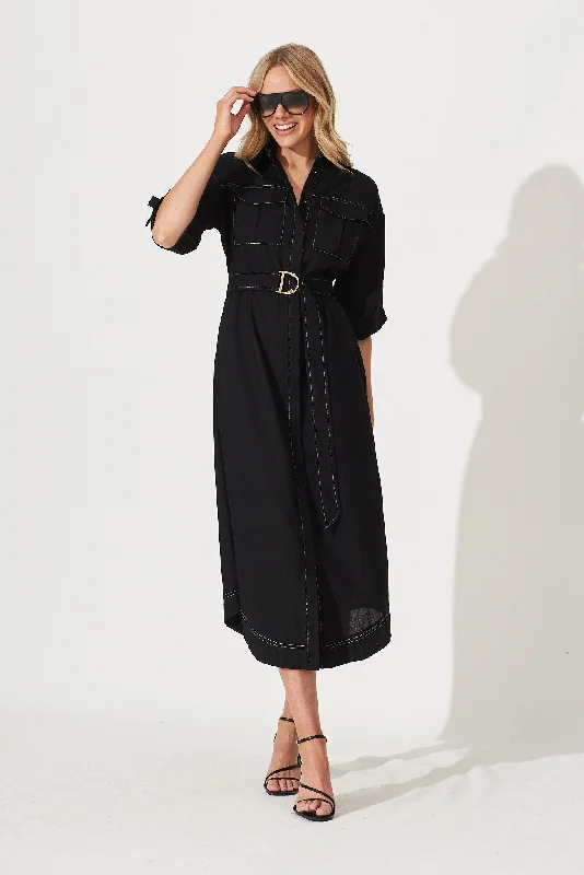 Copeland Midi Shirt Dress In Black Linen Blend