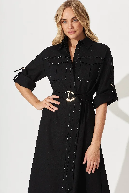 Copeland Midi Shirt Dress In Black Linen Blend