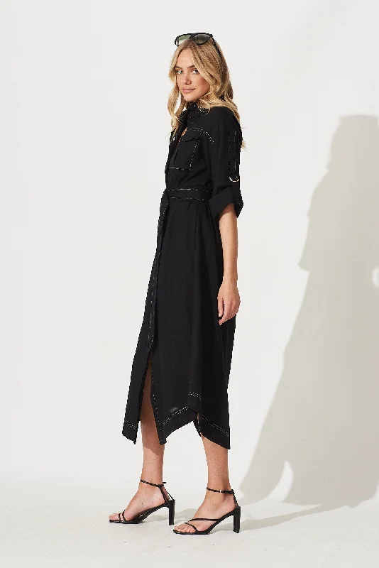 Copeland Midi Shirt Dress In Black Linen Blend