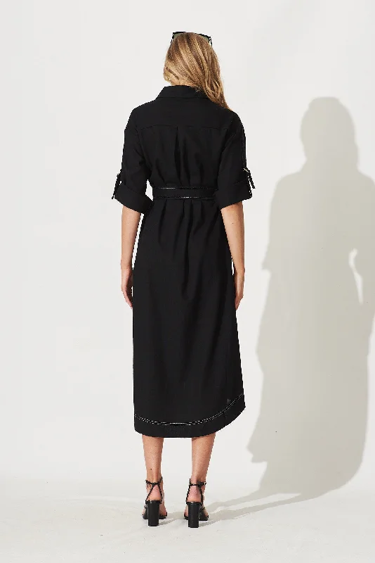 Copeland Midi Shirt Dress In Black Linen Blend