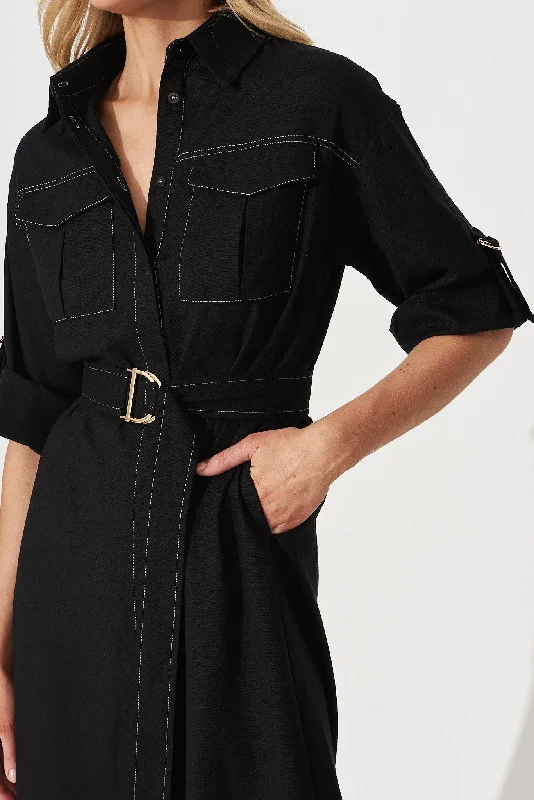 Copeland Midi Shirt Dress In Black Linen Blend