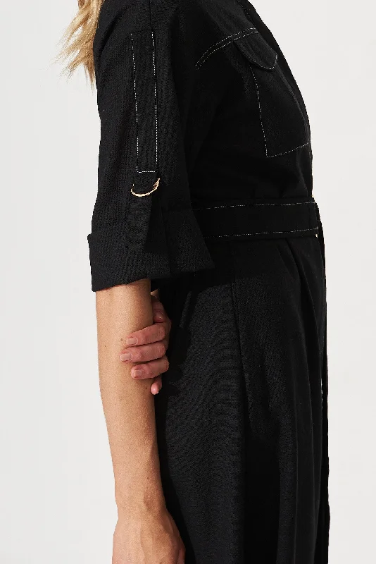 Copeland Midi Shirt Dress In Black Linen Blend