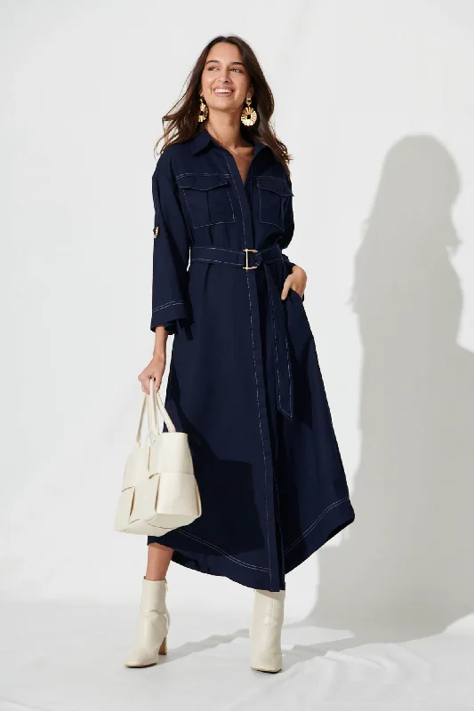 Copeland Midi Shirt Dress In Navy Linen Blend