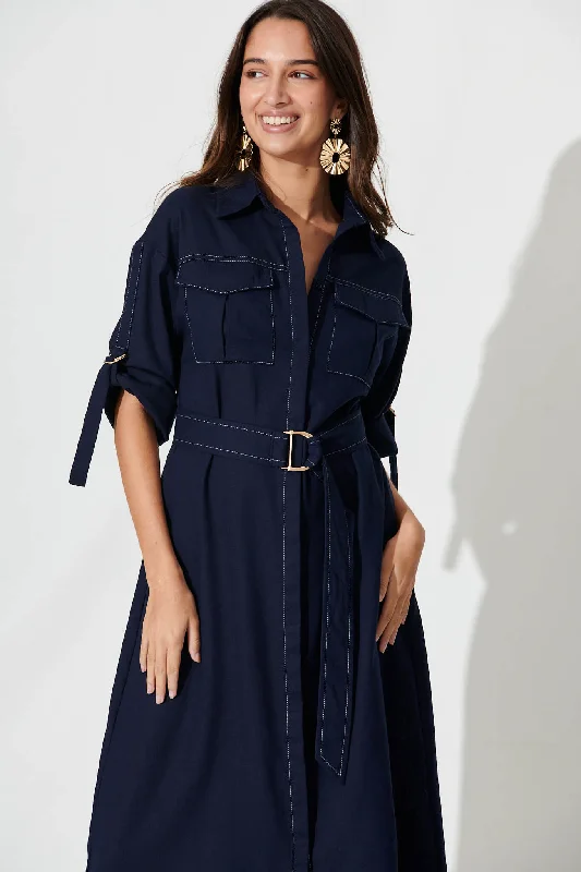 Copeland Midi Shirt Dress In Navy Linen Blend