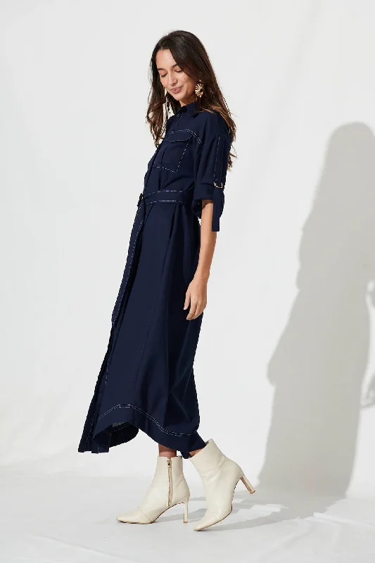 Copeland Midi Shirt Dress In Navy Linen Blend