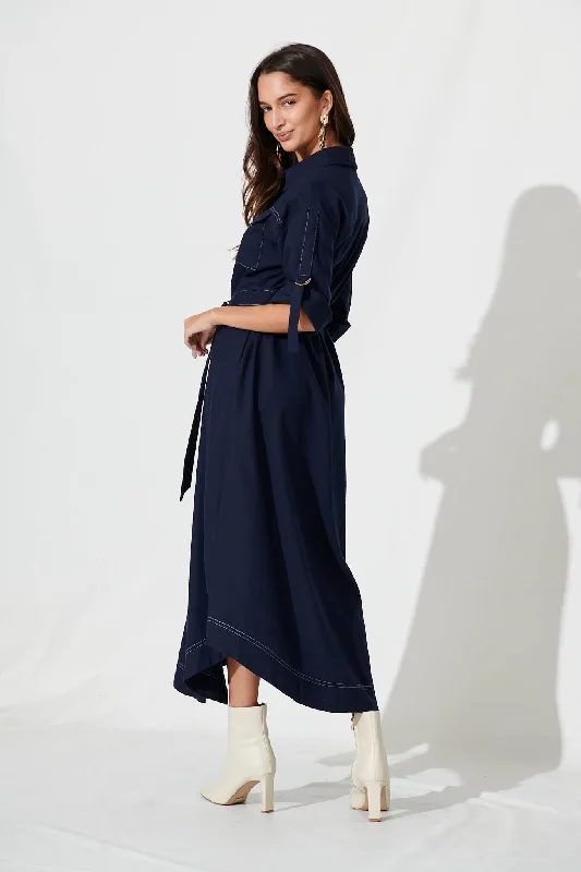 Copeland Midi Shirt Dress In Navy Linen Blend