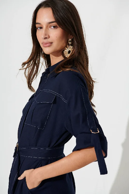 Copeland Midi Shirt Dress In Navy Linen Blend