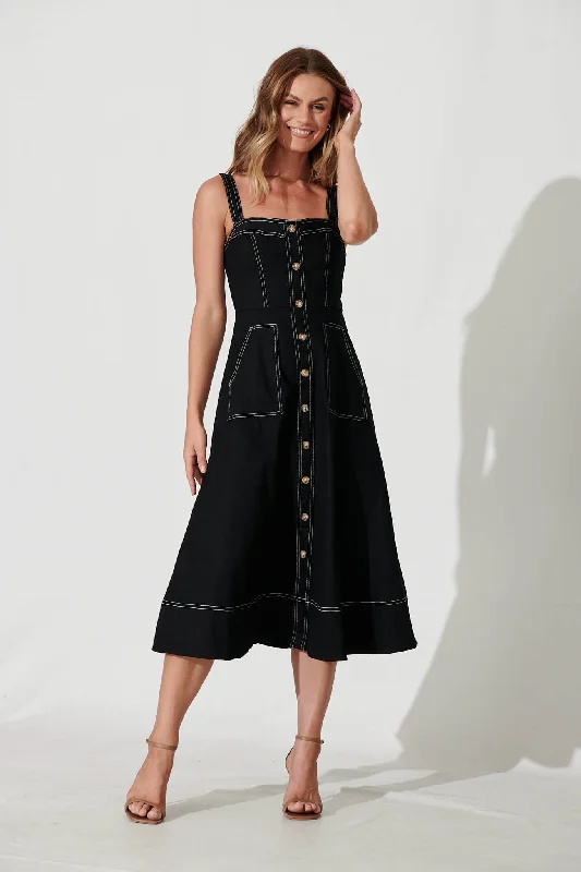 Daylight Midi Sundress In Black Cotton Blend