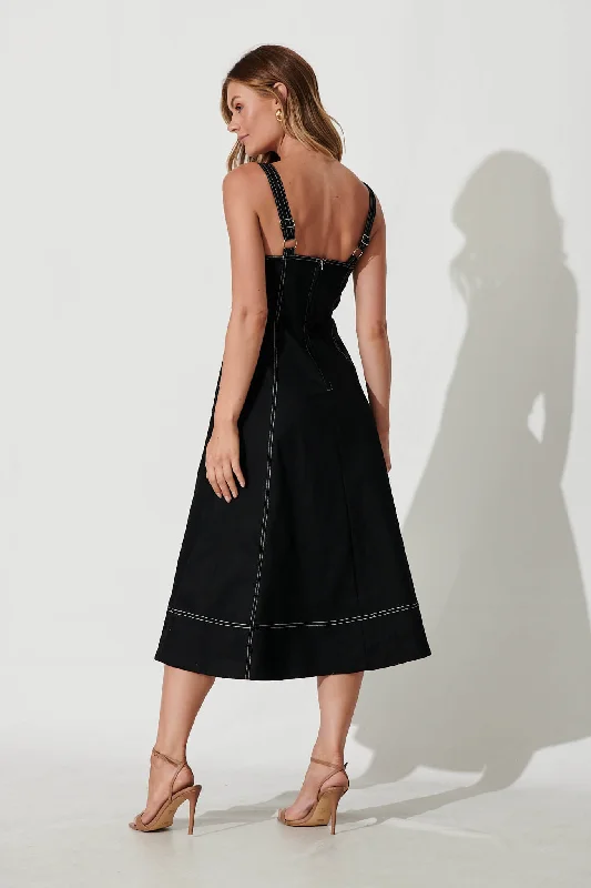 Daylight Midi Sundress In Black Cotton Blend