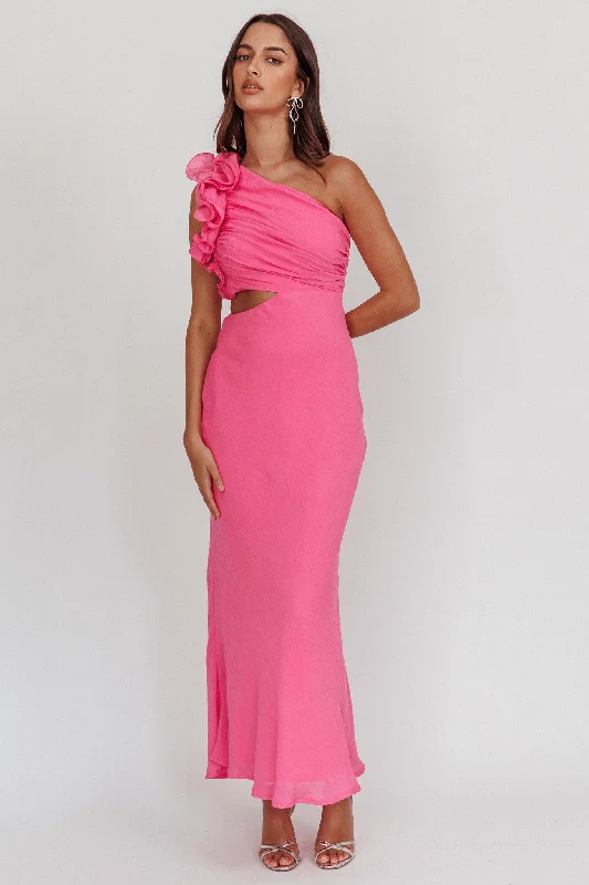 Deanna One-Shoulder Ruffle Maxi Dress Hot Pink