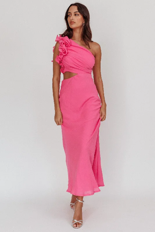 Deanna One-Shoulder Ruffle Maxi Dress Hot Pink