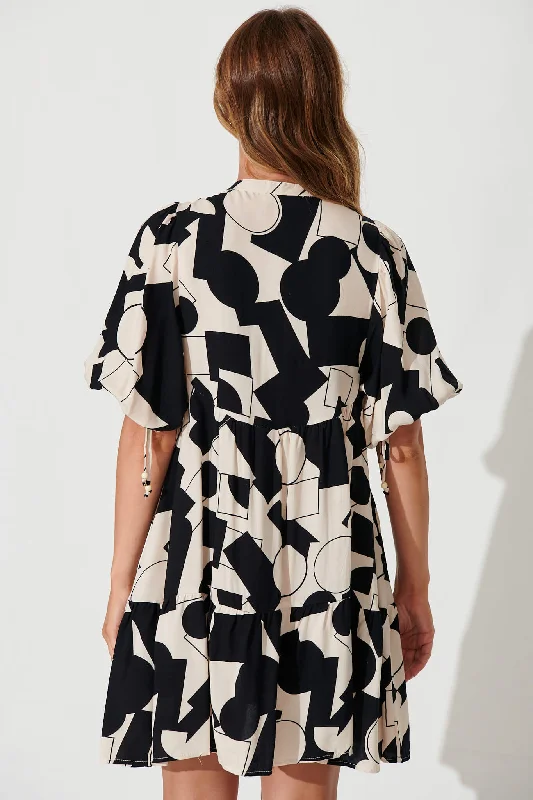 Emelyn Smock Dress In Cream With Black Geometric Print