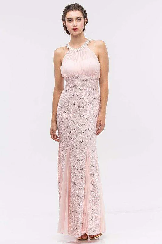 Eureka Fashion - 5030 Halter Neck Lace Trumpet Dress