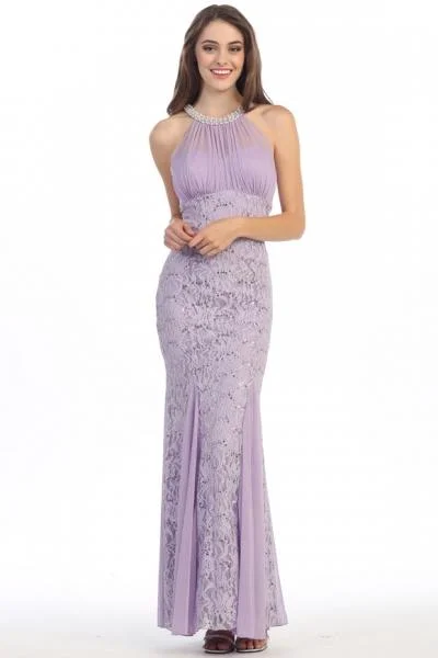 Eureka Fashion - 5030 Halter Neck Lace Trumpet Dress