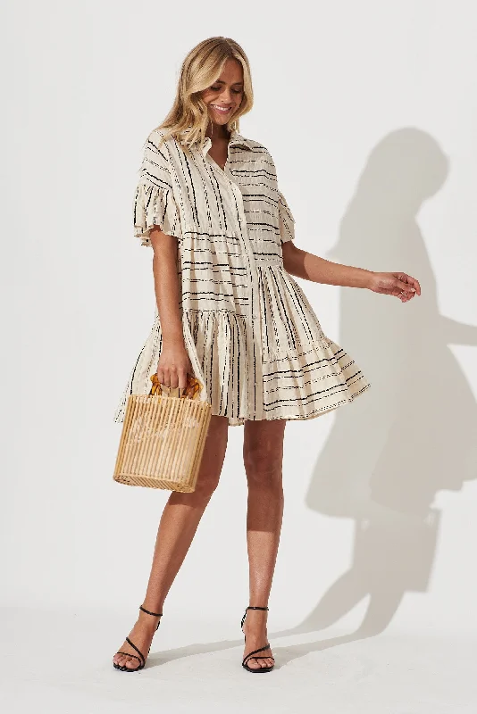 Freya Shirt Dress In Beige With Black Stripe Cotton