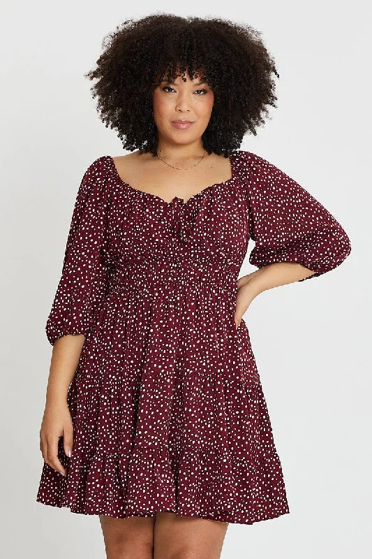 Geo Print Skater Dress Sweetheart Long Sleeve Tie